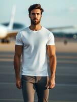 Men blank  white t-shirt for mockup design AI Generative photo