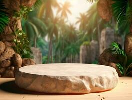 Wooden podium cylinder stage empty scene luxury product display background Ai generated photo