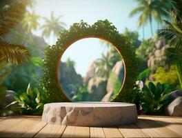 Wooden podium cylinder stage empty scene luxury product display background Ai generated photo