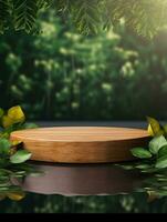 Wooden podium cylinder stage empty scene luxury product display background Ai generated photo