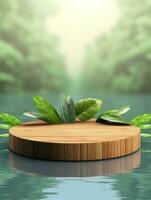 Wooden podium cylinder stage empty scene luxury product display background Ai generated photo