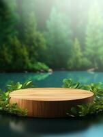 Wooden podium cylinder stage empty scene luxury product display background Ai generated photo