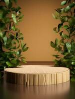 Wooden podium cylinder stage empty scene luxury product display background Ai generated photo