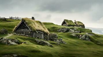 Traditional icelandic wooden houses on the grassy hillside photo