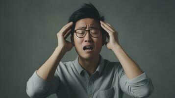 Portrait of stressed Asian man holding his head with both hands photo
