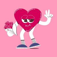linda corazón personaje con un ramo de flores de flores en retro dibujos animados estilo. de moda, vistoso, San Valentín día corazón mascota vector ilustración.