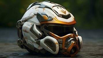 futuristic robot helmet with an orange and white color photo
