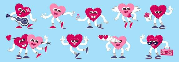 Set of cute heart characters in retro cartoon style. Trendy, Colorful, Valentine's Day Heart Mascot Vector Illustration.