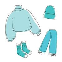 Warm clothes. Knitted sweater, hat, scarf and socks. Doodle autumn and winter clothes vector collection. Vector sketch icon isolated on white. Seasonal Design elements