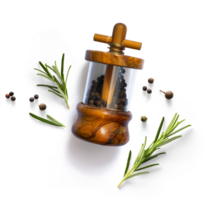 traditional italian pepper shaker and green organic rosemary leaves isolated on white background. Transparent background and real natural transparent shadow, Ingredient, spice for cooking. png