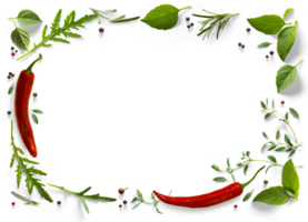 frame , border PNG Food design element. Spices and herbs with real transparent shadow on transparent background. Variety of spices and mediterranean herbs.