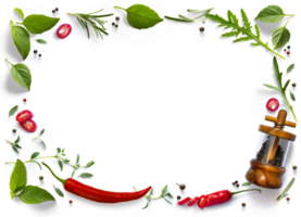 frame, border PNG Food design element. Spices and herbs with real transparent shadow on transparent background. Variety of spices and mediterranean herbs.