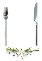 Essen Poster mit Besteck und frisch Mittelmeer Kraut und Gewürze mit echt transparent Schatten isoliert auf transparent Hintergrund. png Kochen Hintergrund Design Element