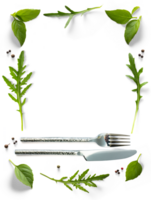 Food poster with cutlery and fresh mediterranean herb and spices with real transparent shadow isolated on transparent background. PNG Food background design element