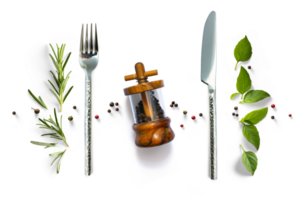 silverware and fresh mediterranean herb and spices with real transparent shadow isolated on transparent background. PNG Food cooking background design element