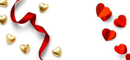 Design elements for Valentine's Day background. Pairs of red hearts, heart shaped golden candies and Red ribbon on a transparent background, flat lay, clipping path, real soft transparent shadow. PNG