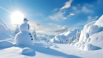 Merry christmas and happy new year concept. Happy snowman standing in christmas landscape, snow fall, Generative AI photo