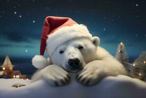 blanco polar oso en rojo Papa Noel sombrero, generativo ai foto