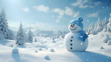 Merry christmas and happy new year concept. Happy snowman standing in christmas landscape, snow fall, Generative AI photo