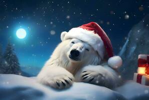 blanco polar oso en rojo Papa Noel sombrero, generativo ai foto