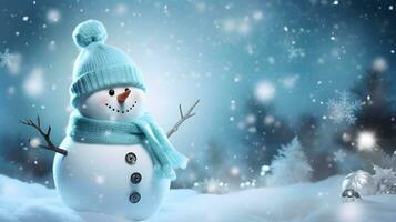 Merry christmas and happy new year concept. Happy snowman standing in christmas landscape, snow fall, Generative AI photo