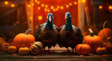 two turkeys looking at pumpkins and leaves, thanksgiving concept, Generative AI photo