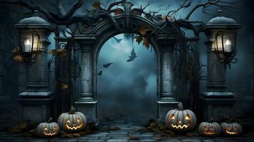 halloween backgrounds, in the style of arched doorways, dark sky-blue and dark gray color with jack o lantern spooky night, Generative AI photo
