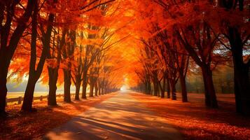 un la carretera es forrado con naranja hojas en el otoño, otoño ver en naturaleza, generativo ai foto