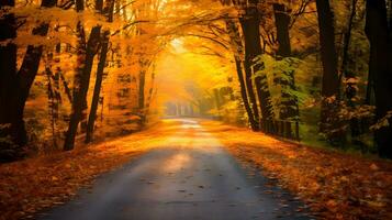 un la carretera es forrado con naranja hojas en el otoño, otoño ver en naturaleza, generativo ai foto