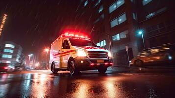 un médico emergencia ambulancia conducción durante tráfico mermelada en ciudad la carretera. prisa hora concepto. ambulancia. generativo ai foto