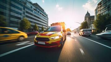 un médico emergencia ambulancia conducción durante tráfico mermelada en ciudad la carretera. prisa hora concepto. ambulancia. generativo ai foto