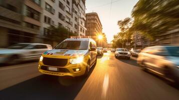 a Medical emergency ambulance driving during traffic jam on city road. rush hour concept. Ambulance. Generative Ai photo