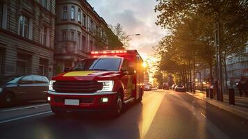 un médico emergencia ambulancia conducción durante tráfico mermelada en ciudad la carretera. prisa hora concepto. ambulancia. generativo ai foto