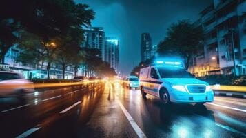 un médico emergencia ambulancia conducción durante tráfico mermelada en ciudad la carretera. prisa hora concepto. ambulancia. generativo ai foto