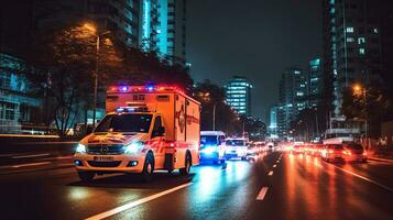 un médico emergencia ambulancia conducción durante tráfico mermelada en ciudad la carretera. prisa hora concepto. ambulancia. generativo ai foto