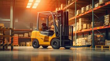 A forklift in the department store. large warehouse. Generative Ai photo