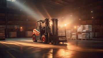 A modern forklift lifting product pallets in large warehouse. Generative Ai photo