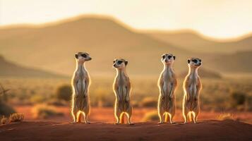 grupo de suricatas en pie con un Desierto paisaje y distante montañas. generativo ai foto