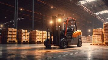 A forklift lifting product pallets in modern large warehouse. Generative Ai photo