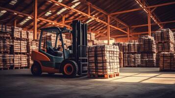 A modern forklift lifting product pallets in large warehouse. Generative Ai photo