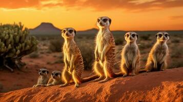 Group of Meerkats standing with a desert landscape and distant mountains. Generative Ai photo