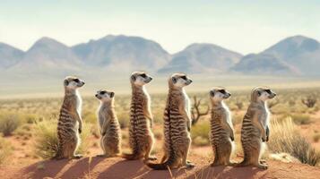 grupo de suricatas en pie con un Desierto paisaje y distante montañas. generativo ai foto