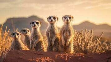 grupo de suricatas en pie con un Desierto paisaje y distante montañas. generativo ai foto