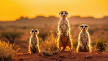 Group of Meerkats standing with a desert landscape and distant mountains. Generative Ai photo