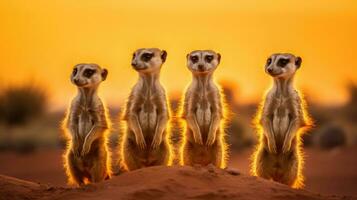 Group of Meerkats standing with a desert landscape and distant mountains. Generative Ai photo