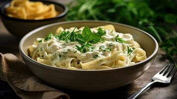 Fettucini Alfredo dinner with creamy white sauce and herbs on table. Generative Ai photo