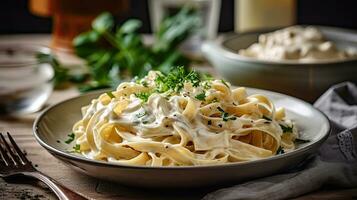 Fettucini Alfredo dinner with creamy white sauce and herbs on table. Generative Ai photo