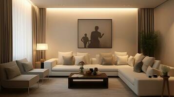 interior design of modern living room with beige fabric sofa and cushions. Generative Ai photo