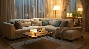 interior design of modern living room with beige fabric sofa and cushions. Generative Ai photo