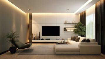 living room, Minimalist style interior design of modern living room with tv. Generative Ai photo